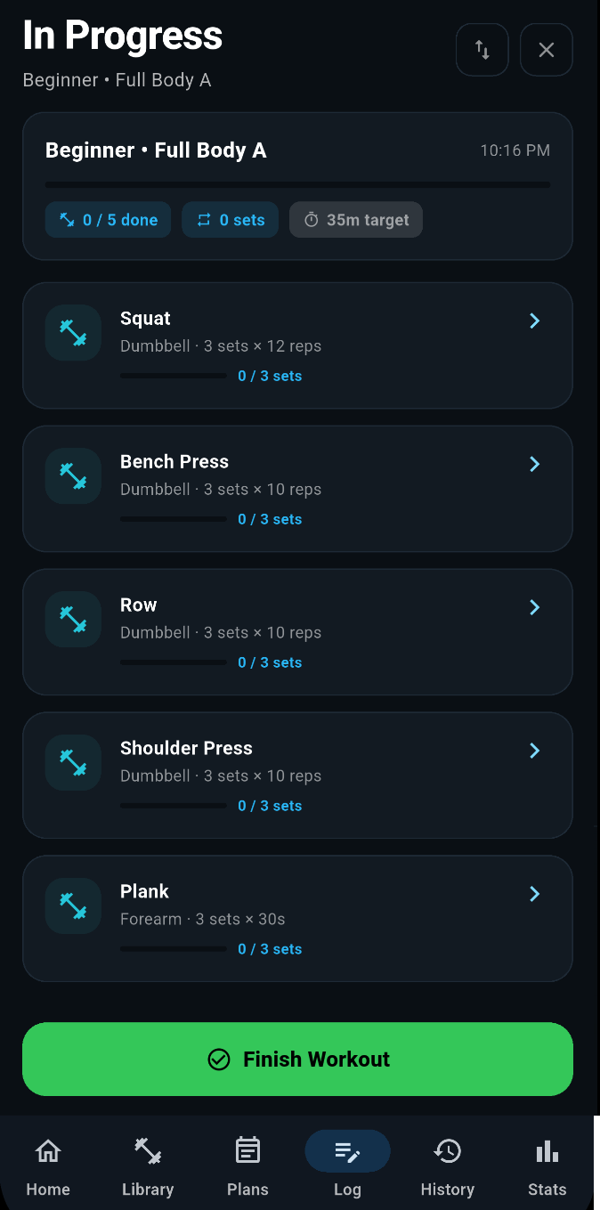 SetHarbour exercise selection screen