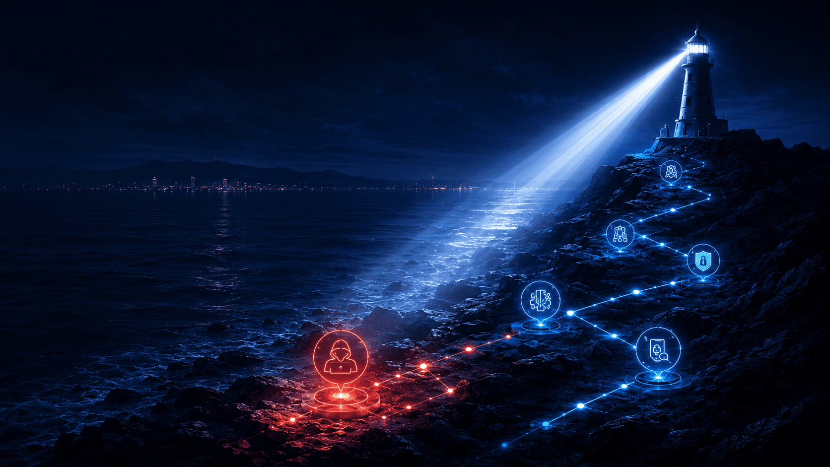 A lighthouse sweeping its beam across a night shoreline. A red attacker node on the rocks connects along a path towards glowing blue security controls leading up to the light.
