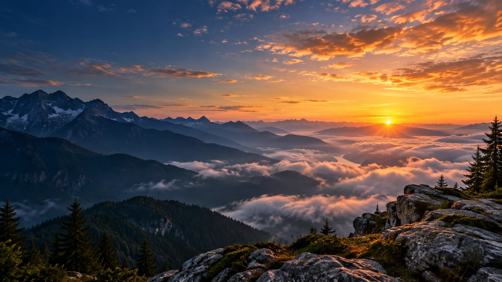 Sunrise over mountains and clouds.