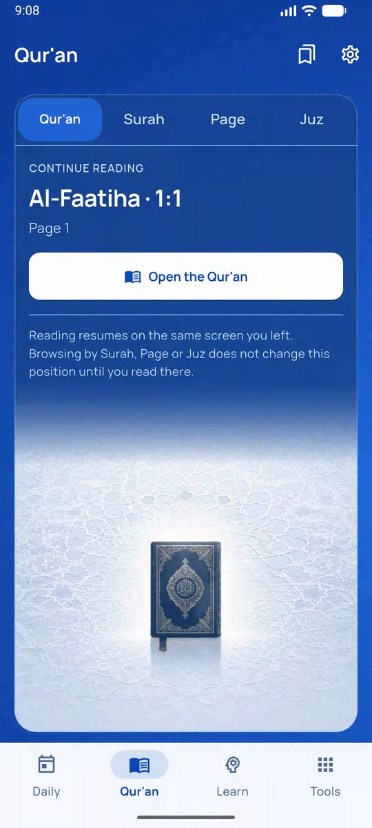 Dawam’s Qur’an landing and Continue Reading area, Surah, Page and Juz navigation, followed by the Reflow reader and a natural reading scroll.