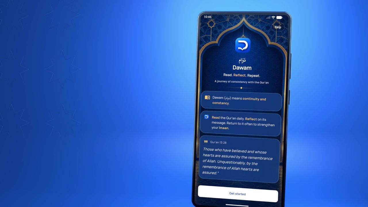 Dawam’s launch film: a phone displaying the real app against a cinematic blue backdrop.