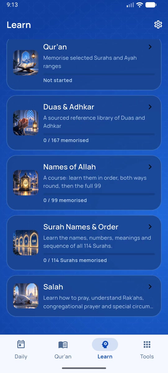 Current Dawam Learn landing page, rotating Knowledge and Reflection board, and a Dua’s context and sources, exactly as recorded in the app.