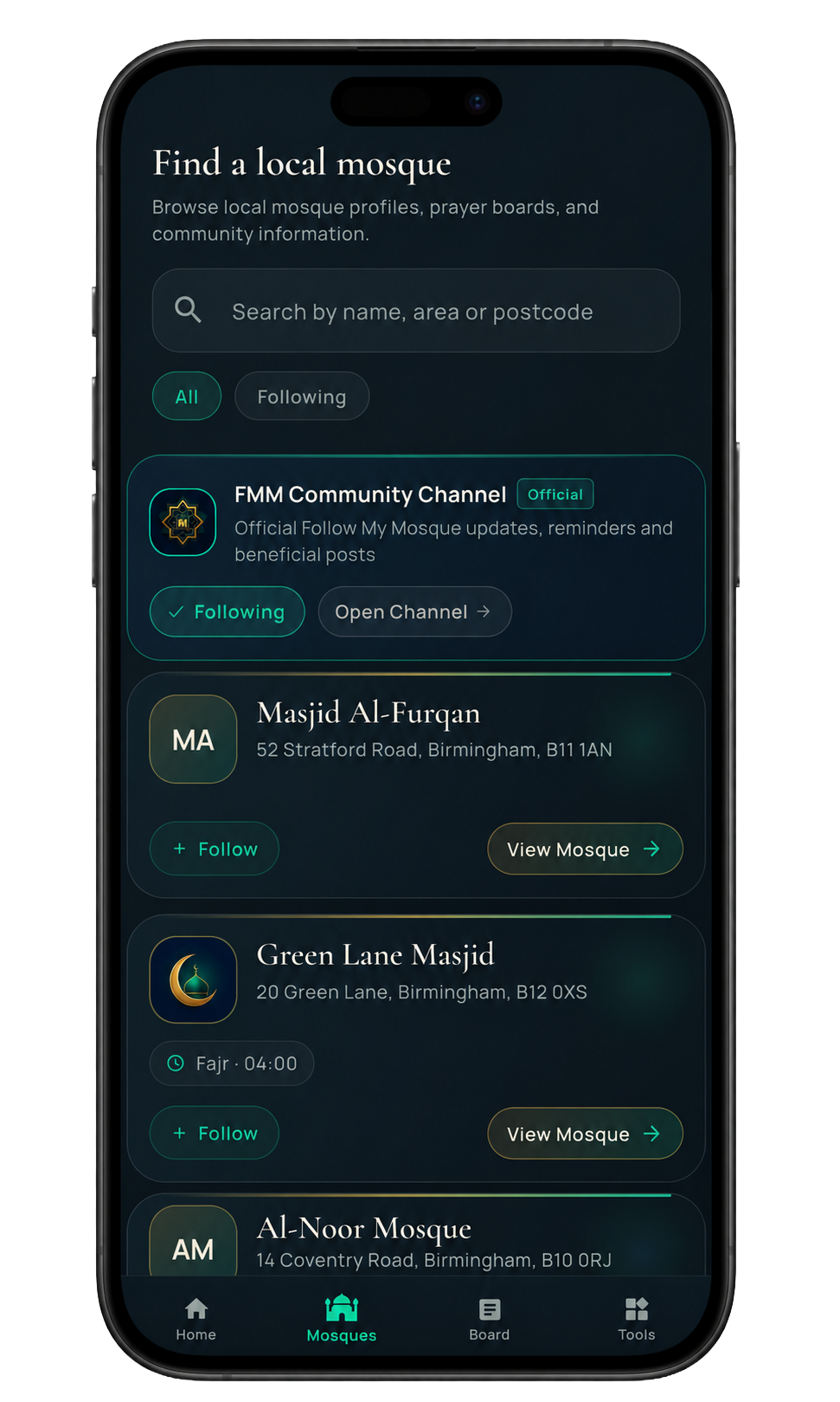 Follow My Mosque find a mosque screen