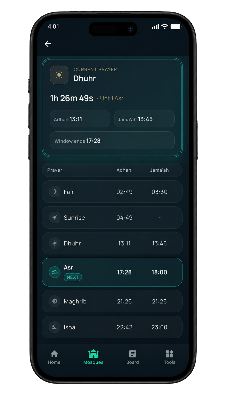Follow My Mosque prayer times screen